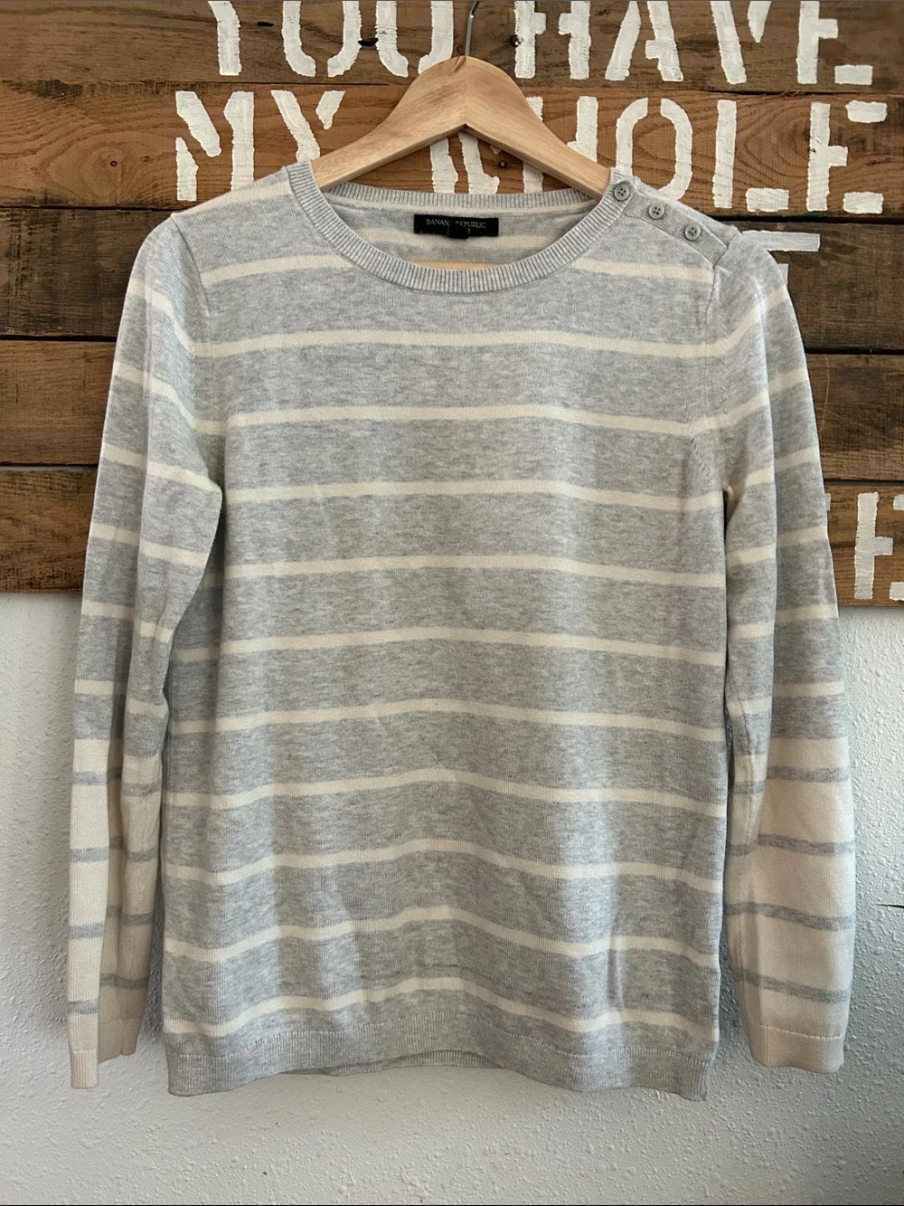 Banana Republic Gray and Cream Striped Crewneck Sweater